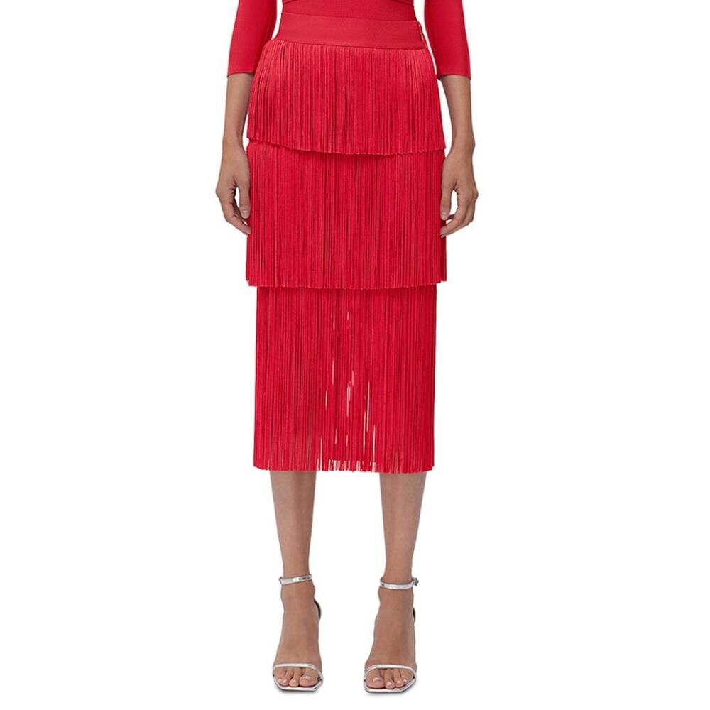 HERVÉ LÉGER Red Layered Fringe Midi Skirt Size XXS NWT